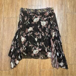 Floral Silk Knee Asymmetrical Skirt w/ Sequin Band Fairy Cottagecore